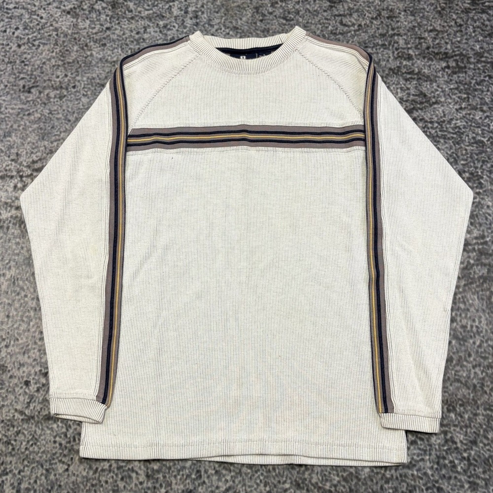 VTG Y2K Transnine Sweater Medium Gray Long Sleeve Striped Grunge Skater Surf